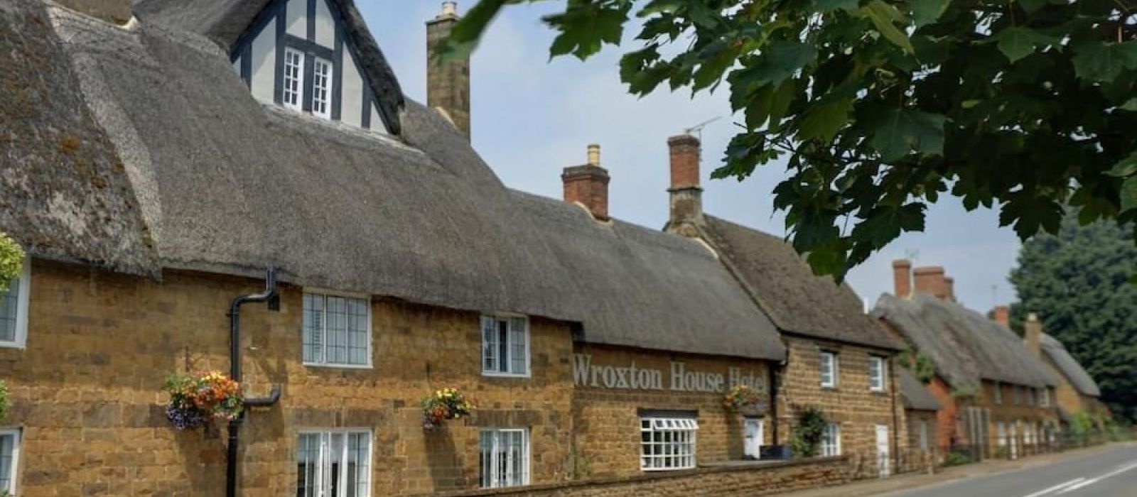 A row of charming thatched cottages lining a peaceful country road, surrounded by greenery and rural scenery.